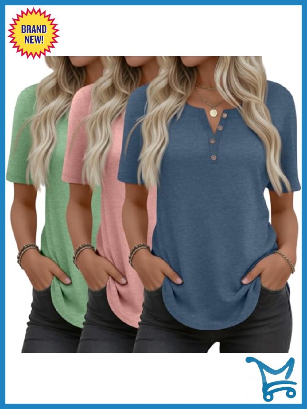 Women's Henley Tunics 3 Pack Loose Fit Short Sleeve Curved Hem Tops